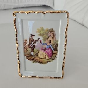 Limoges Gold-Trimmed Porcelain Standing Plaque with Romantic Scene
